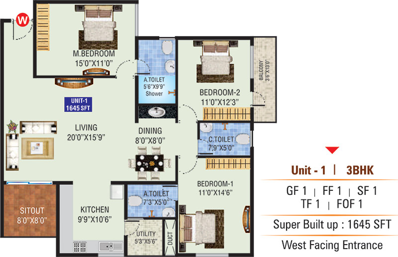 Unit 1 - 3BHK Floor plan design of Jnana nivas