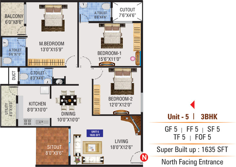 Unit 5 - 3BHK Floor plan design of Jnana nivas