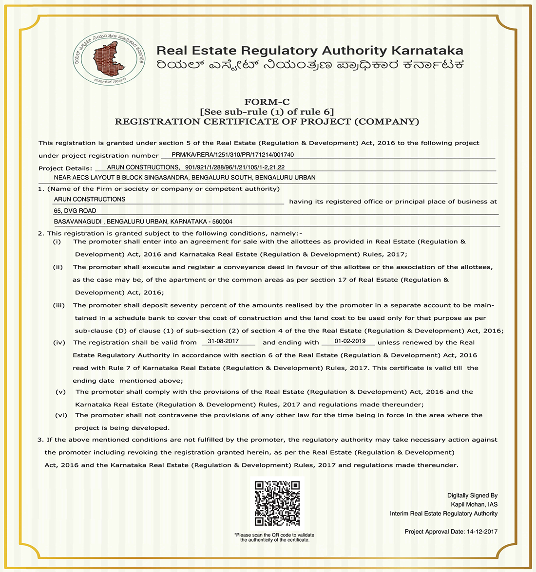 RERA registration certificate of Silicon tree project
