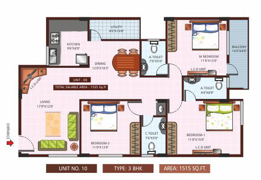 Unit 10 - 3BHK Floor plan design of Pranavi pride